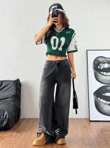 Coolane 青少年女孩 Y2K 运动数字图案足球球衣褶皱 T 恤 - 綠色 - 查看 6