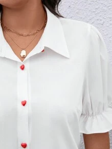 SHEIN LUNE Plus Size Women Heart Print Casual Loose Blouse, Versatile For Spring And Summer