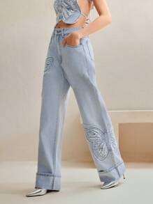 Anewsta Fashionable Embroidered Straight-Leg Jeans For Women - Blue - View 2