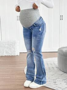 SHEIN Jeans de maternidad acampanados de tela elástica desgarrados en azul para mujeres embarazadas en gris tejidos
