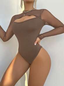 VaVaBold Solid Color Mesh Patchwork Hollow Out Long Sleeve Bodysuit Fall Cloth For Women - Mocha Brown - View 4