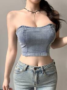 DAZY 女士拉链后背抹胸简约牛仔休闲度假衬衫 - 中等水洗藍 - 查看 3