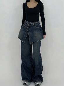 DAZY Women's Patchwork Straight Leg Jeans - Dark Wash - View 2