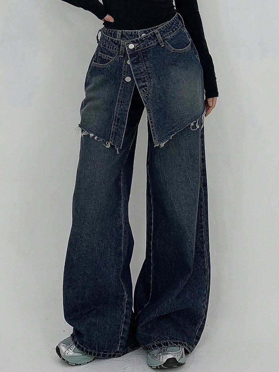 DAZY Women's Patchwork Straight Leg Jeans - Dark Wash - View 1