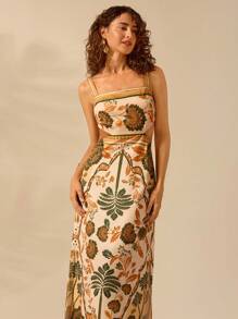 CAJUNI 女士波西米亚风热带植物印花露背系带连衣裙，度假休闲夏季连衣裙 - 彩色 - 查看 2