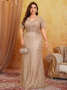 UNITHORSE 大码 V 领优雅闪亮亮片夜光连衣裙，高端感，派对礼服，婚礼宾客礼服，正式礼服，晚礼服，新娘礼服，生日女士服装，毕业礼服，长袍 - 香檳色 - 查看 3