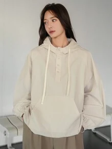 DAZY 女式宽松简约连帽长袖大口袋连帽衫，秋季女装运动衫 - 米色 - 查看 7