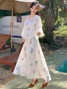 DAZY Bộ 2 món đồ nữ họa tiết hoa nhí, kiểu dáng tối giản và thời trang, thích hợp mặc hàng ngày dịp Lễ Phục Sinh. - Màu be - Xem 2