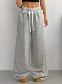 SHEIN EZwear Quần nỉ ống rộng phối ren vá dành cho nữ mùa thu/đông - Xám - Xem 3