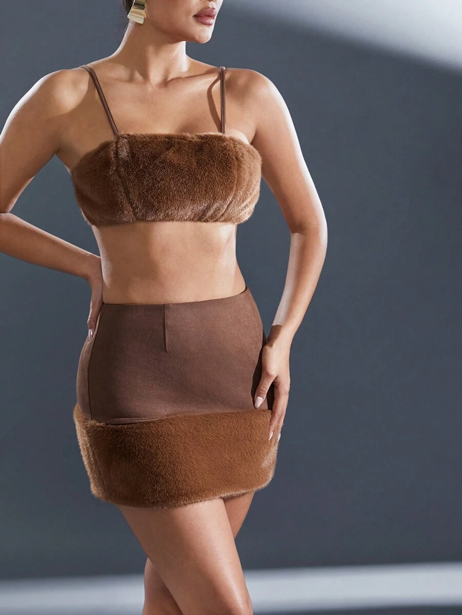 Hauture Women Plain Color Furry Patchwork Minimalist Skirt, Casual Everyday Wear