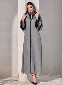 Al Najma Vestido informal con capucha, de estilo árabe, de unicolor, con parches, de manga larga, para mujer, modesto - Gris - Ver 2
