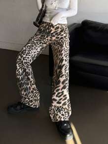 DAZY 女士时尚豹纹直筒牛仔裤 - 卡其色 - 查看 2