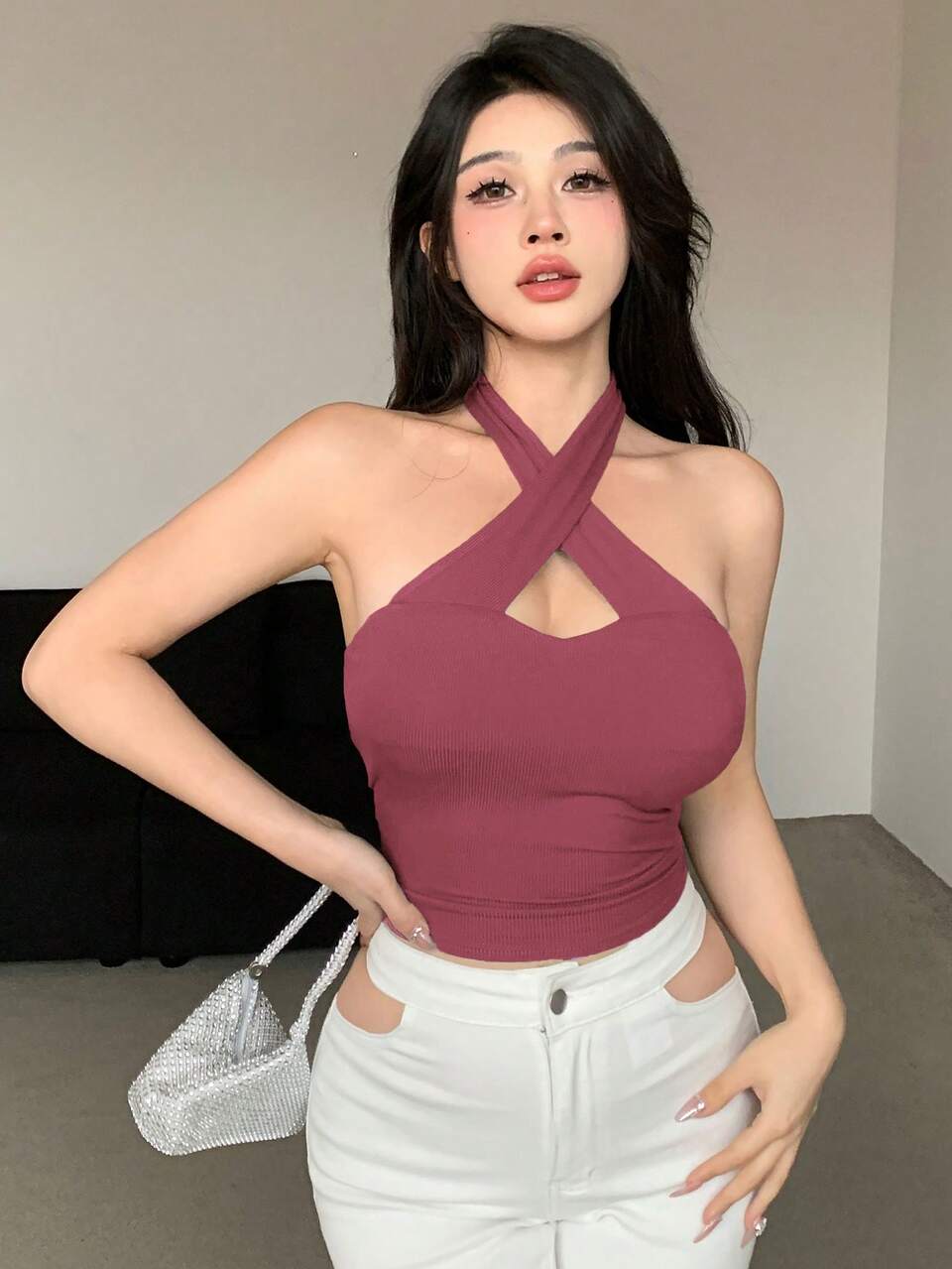 Women's Solid Color Halter Design Sleeveless Cropped Camisole Top Summer Halter Top