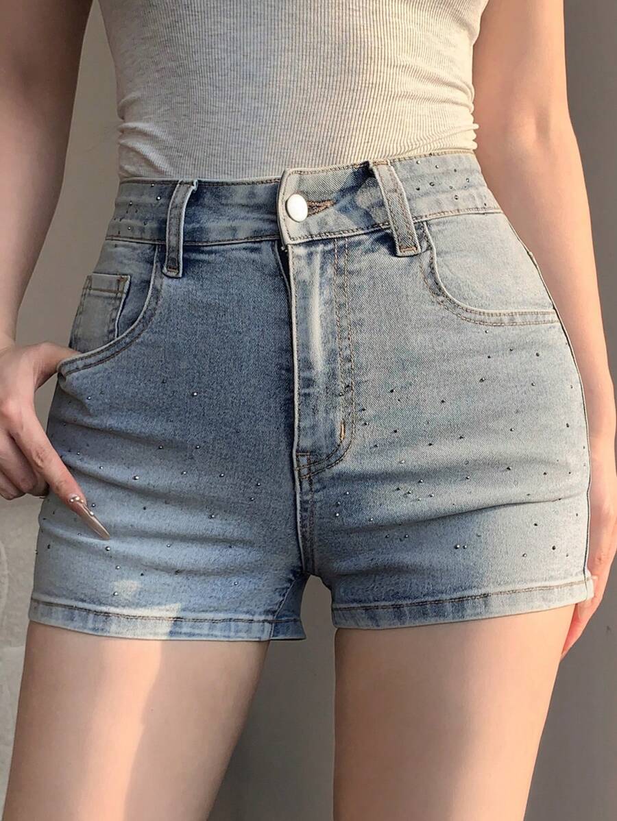 DAZY Women's Casual Rhinestone Embellished Super Short Fitted Denim Shorts Sequin