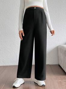 SHEIN Solid Color Versatile High-Waisted Casual Trousers For Women - Black - View 4