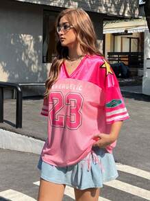 SHEIN EZwear Preppy Digital Print Letter Pattern Sheer Plus Size Short Sleeve T-Shirt, For Summer