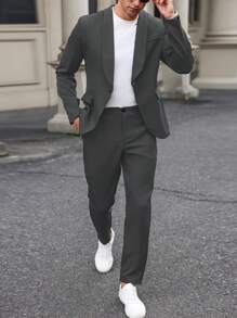 Manfinity Mode 1 Set Men's Solid Color Suit: Blazer And Trousers - Dark Grey - View 3