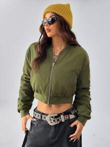 SHEIN EZwear Winter Cargo Athleisure Game Day Graphics Keep Warm Zip Up Army Green Loose Quilted Jacket, Bomberjack Dames
