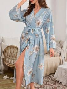 Mid-Length Floral Print Robe With Ruched Detail - Multicolor - View 4