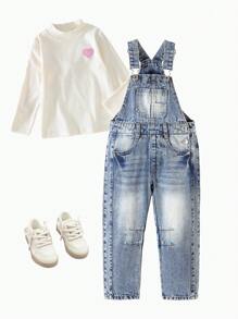 Salopette larghe casual da ragazza con fantasia strappata, stile strada, con bretelle regolabili, lavate - Blu lavato medio - Visualizzare 3