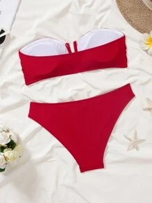 Swim Basics 2pcs Women Solid Color V-Neck Bralette & Briefs Set Summer