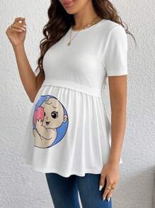 SHEIN Camiseta de maternidad de punto con estampado lindo, casual y de moda para uso diario - Blanco - Ver 5