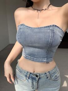 DAZY 女士拉链后背抹胸简约牛仔休闲度假衬衫 - 中等水洗藍 - 查看 5