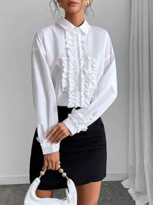 SHEIN Clasi 女士休闲纯色荷叶边衬衫上衣，秋季女士衬衫 - 白色 - 查看 4