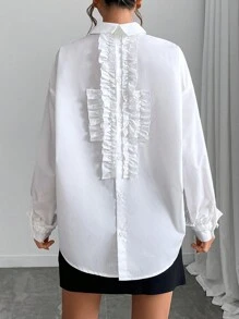 SHEIN Clasi 女士休闲纯色荷叶边衬衫上衣，秋季女士衬衫 - 白色 - 查看 6