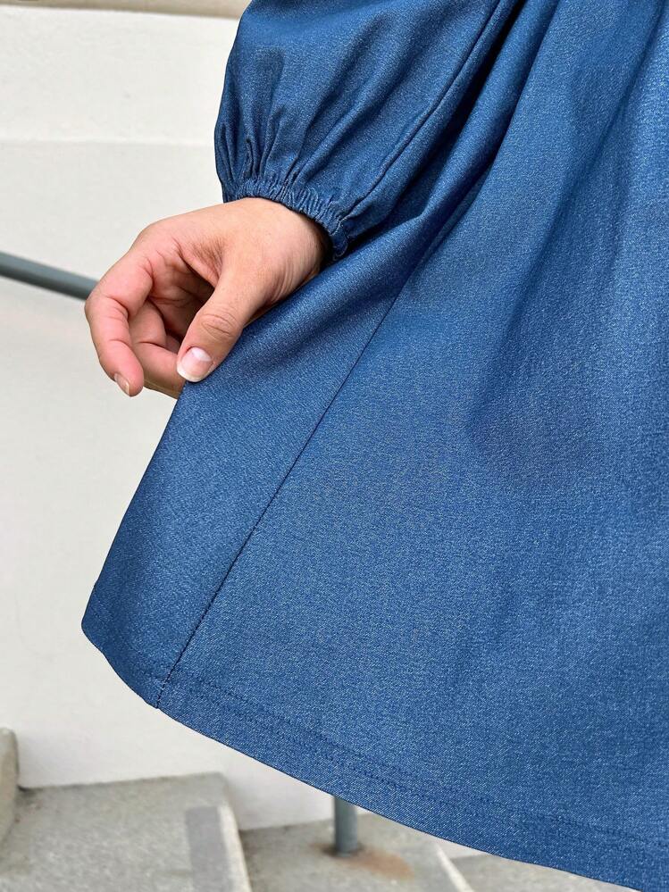 SHEIN LUNE 加大码前扭结灯笼袖收腰修身长裙，蓝色情人节长袖连衣裙 - 藍色 - 查看 7