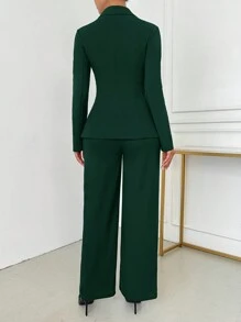 SHEIN SXY Women's Elegant Two Pieces Green Suit Set: Blazer Jacket & Wide Leg Pants For Business Casual Or Office Wear,Business Casual Woman In Fall/Winter - Dark Green - View 2