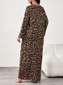 SHEIN Lady 女士豹纹长袖前系带长外套和阔腿裤宽松两件套，秋季