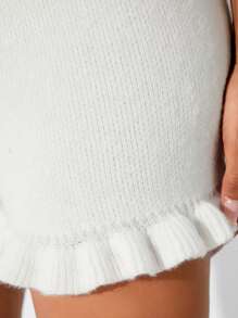 SHEIN SXY Thick Warm High Waist Ruffled Knitted Shorts, Autumn/Winter - White - View 6