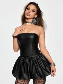 ROMWE Y2K Sweet & Edgy Street PU Puff Mini Dress For Women, Autumn/Winter - Black - View 6