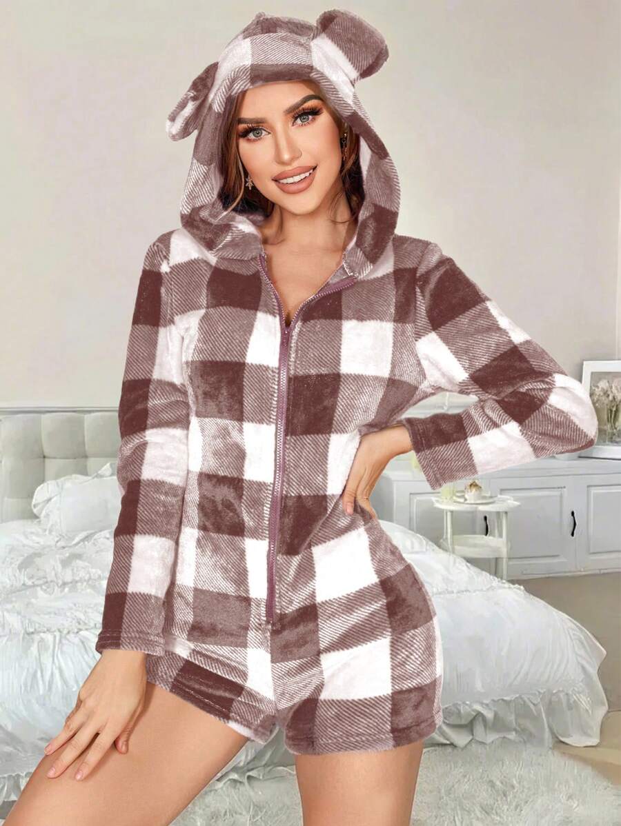 女式格纹印花羊毛连帽连体睡衣 - 淡紫色 - 查看 1