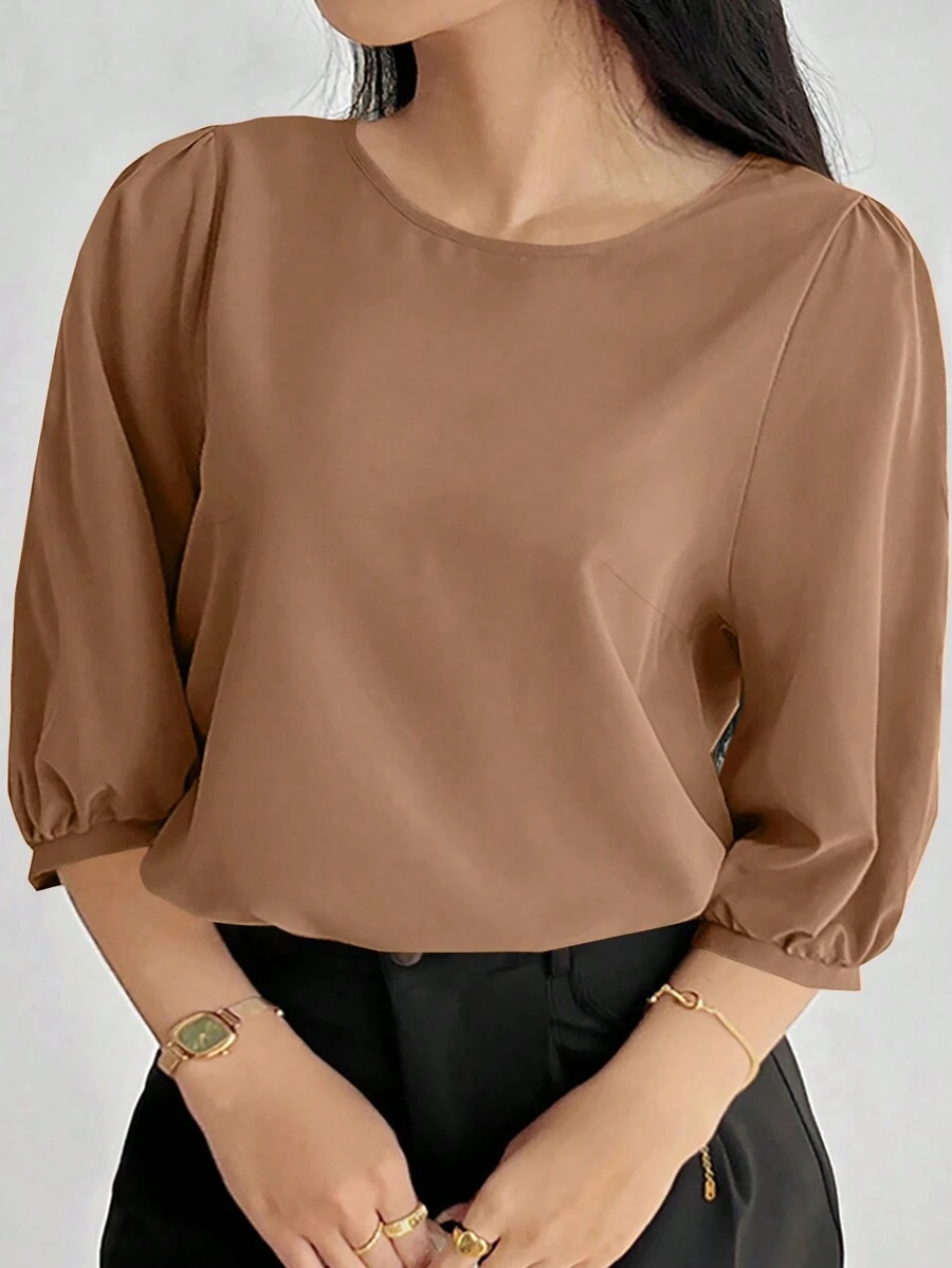 Camisa de manga abullonada de unicolor informal para otoño en tallas grandes - Amarillo - Ver 1