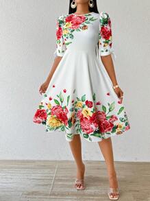 SHEIN Lady Abiti da cerimonia eleganti per matrimoni e occasioni invernali, abiti lavorati a maglia con collo rotondo, bianchi, adatti per l'ufficio e le vacanze, con maniche a tre quarti, per donne - Rosso - Visualizzare 4