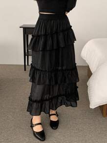 DAZY Women Elastic Waist Patchwork Ruffle Hem Casual Skirt - Black - View 2