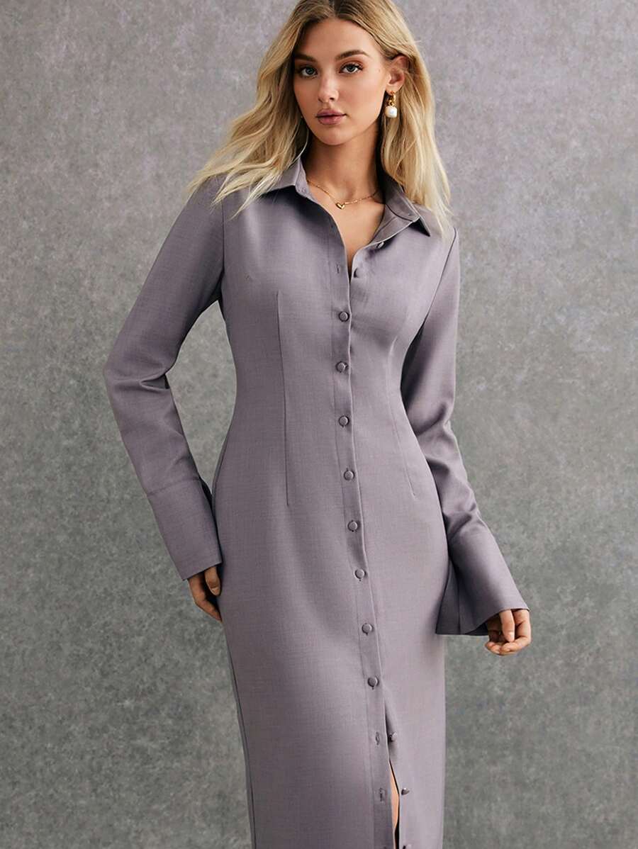 Poéselle 女士灰色腰连衣裙 纽扣门襟 喇叭袖 后开衩 纯色 长袖 单排扣休闲衬衫 中长连衣裙 秋季办公室连衣裙 女装 冬季连衣裙 灰色连衣裙 复古连衣裙 端庄连衣裙 休闲女装 冬季连衣裙 冬季女装 灰色轻松时尚基本款 工作女装 优雅女装 新年女装 除夕 春季连衣裙 情人节连衣裙 - 灰色 - 查看 1