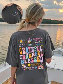 Fashionable Women Leisure Cartoon Slogan Pattern Print Drop Shoulder Short Sleeve T-Shirt - Dark Grey - View 1