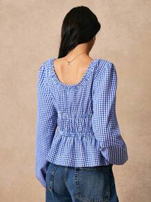 Poéselle 女式蓝白格子正面蝴蝶结饰边长袖圆领休闲上衣，撞色蝴蝶结饰边搭配蓝白格子衬衫，圣诞女装，长袖上衣，可爱衬衫，女式长袖上衣，25 款夏季女式上衣
