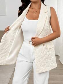 Flirla 3D Floral Print Plus Size Women Double-Breasted Vest Jacket - Apricot - View 7