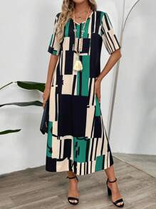 SHEIN LUNE 女士简约时尚休闲短袖连衣裙，日常穿着 - 彩色 - 查看 3