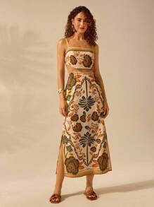 CAJUNI 女士波西米亚风热带植物印花露背系带连衣裙，度假休闲夏季连衣裙 - 彩色 - 查看 8