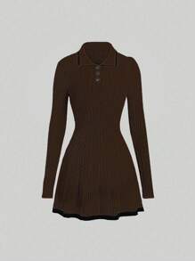 Lunelith SHEIN Lunessa Vestido de suéter casual de manga larga con cuello polo y bloques de color para mujer de otoño/invierno