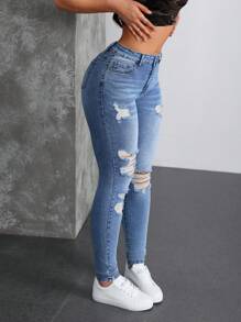 SHEIN Tall 女式口袋细节做旧紧身休闲百搭牛仔裤 - 藍色 - 查看 4