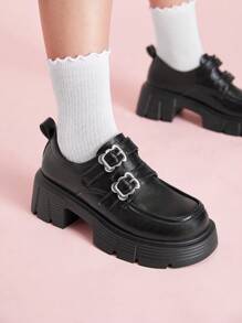 CUCCOO DOLLMOD Women's Black Round Toe Thick Sole 6cm Chunky Heel Double Strap Metal Buckle Design Daily Fashion Versatile Mary Jane PU Flats For Christmas And New Year Holiday Vibe Fall And Winter - Black - View 5