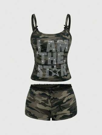 ROMWE Avant 2 pièces Ensemble top court sexy Y2K et short à taille basse camouflage décoré de strass pour femmes