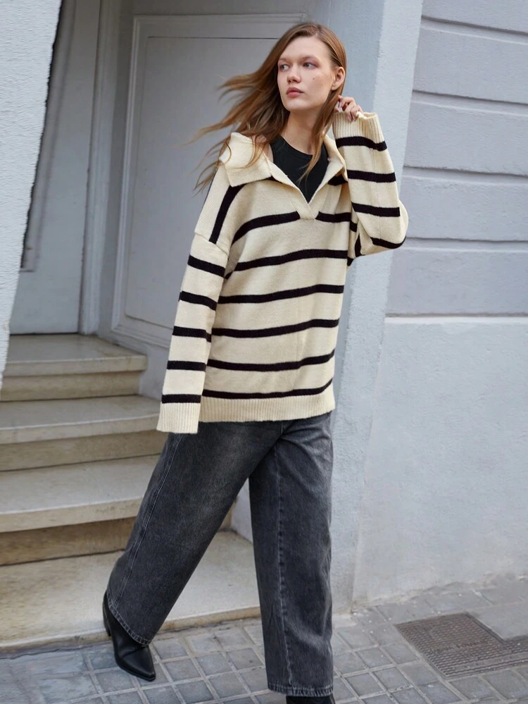 SHEIN Maija Women's Early Spring Season Apricot & Black Striped Fabric Fashion Versatile Casual Contrast Color Stripe V-Neck Batwing Loose Sweater Top Festival