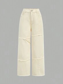 女童全年必备日常休闲简约浅卡其色短款宽腿牛仔裤，松紧腰身，原始下摆贴布细节和五个扁平口袋